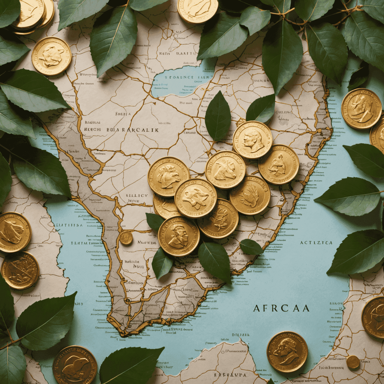 Map of South Africa with gold coins and birch leaves