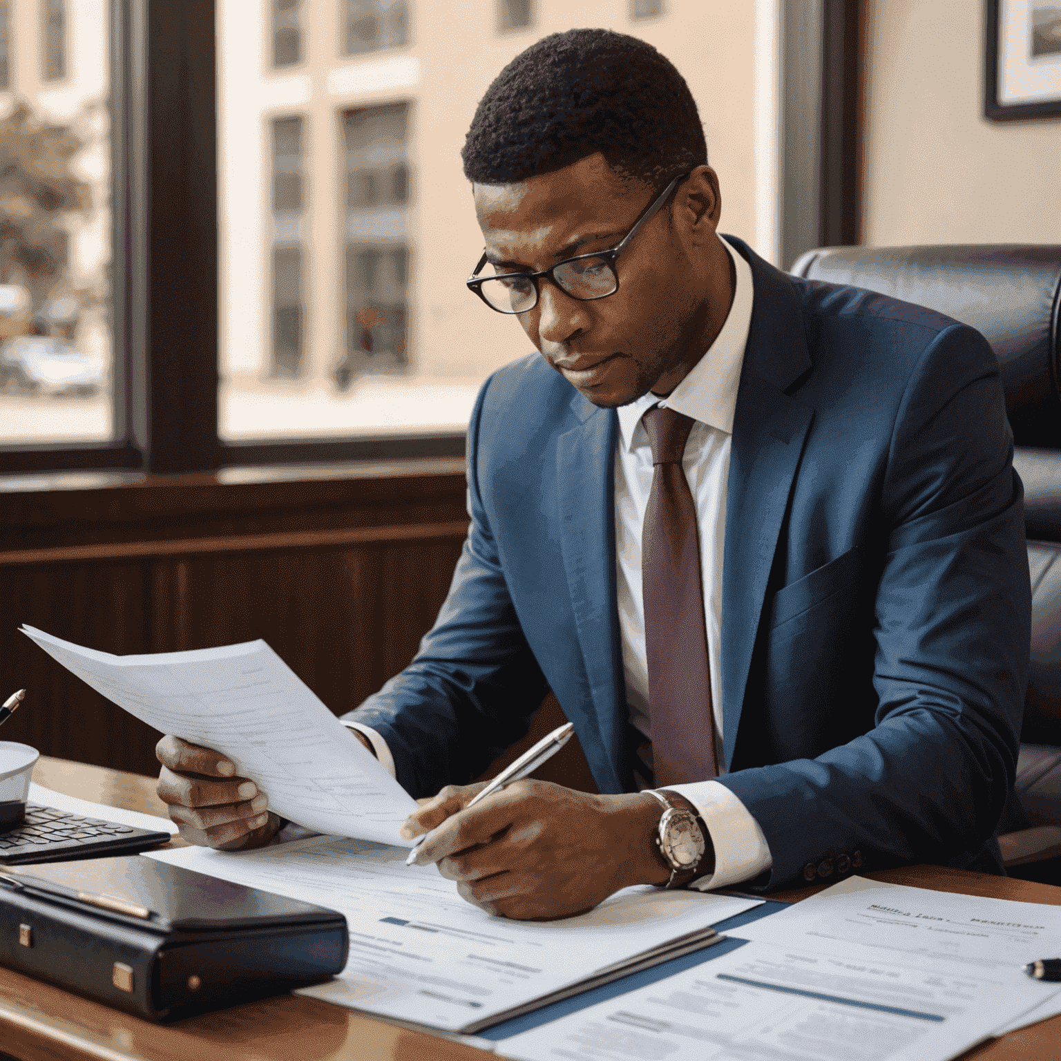 A businessman reviewing legal documents and regulations related to doing business in South Africa