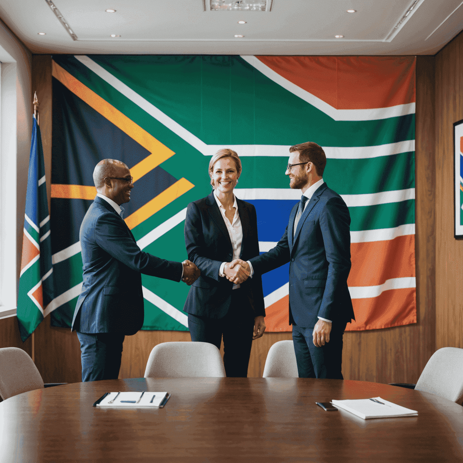 Business professionals shaking hands in a meeting room with South African flag in the background