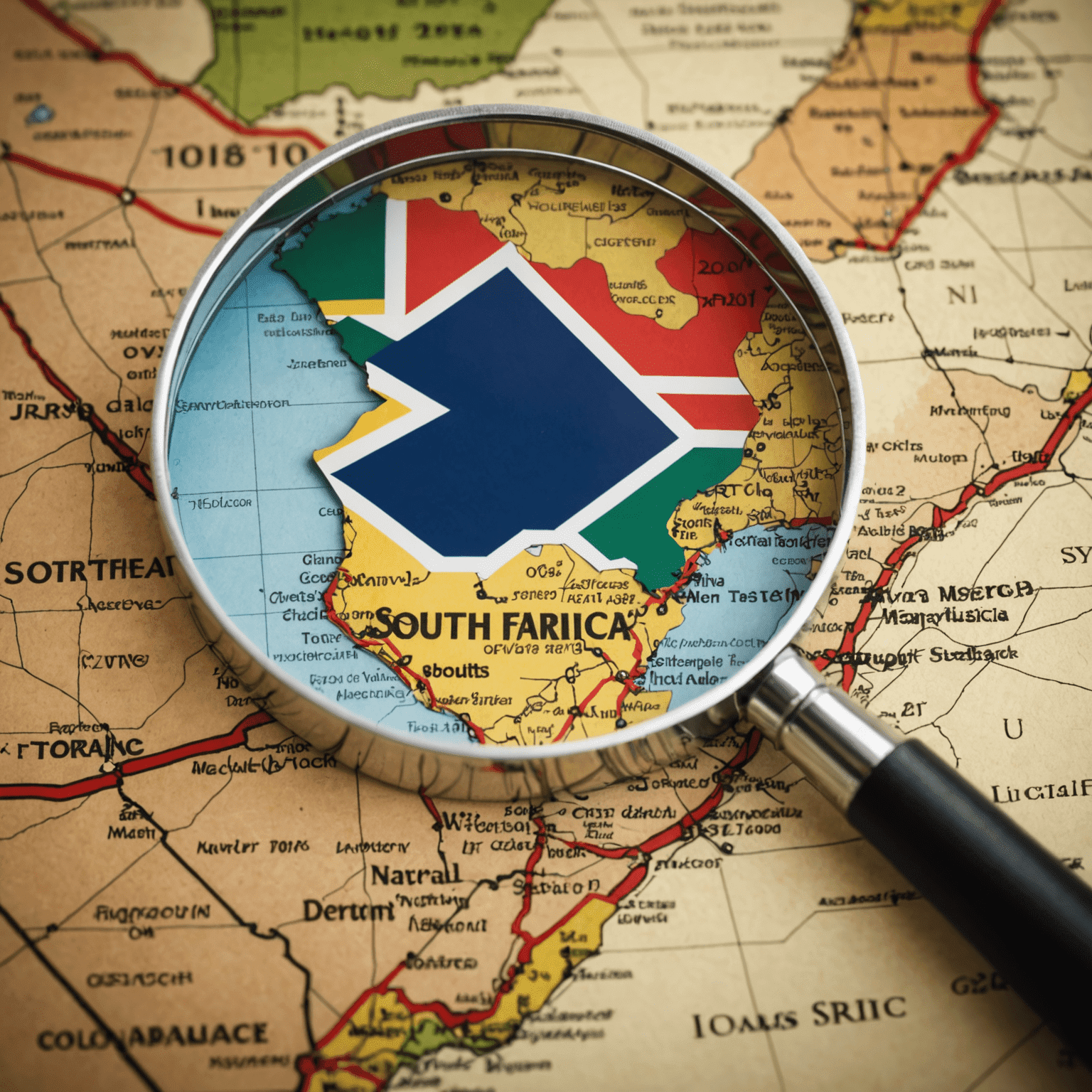 A magnifying glass over a map of South Africa, representing identifying market opportunities