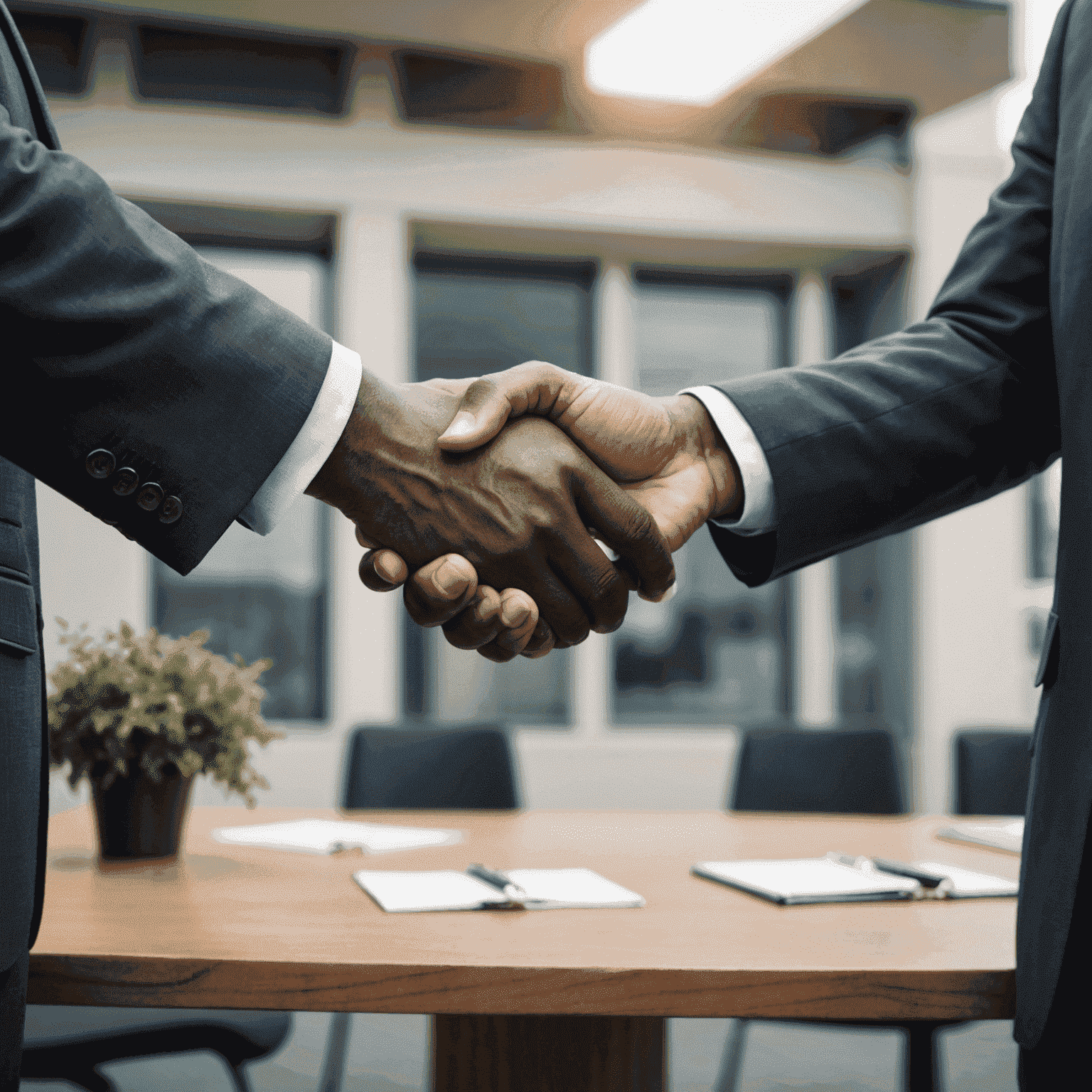 Two businessmen, one South African and one foreign, shaking hands in agreement